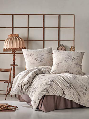 ZIRVEHOME Baumwolle Bettwäsche 200x200 cm. Beige/Braun Geblümt, mit 2 mal Kopfkissenbezuge 80x80 cm.100% Baumwolle/Renforcé, 3 teilig Set mit Reißverschluss, Model: Este V1