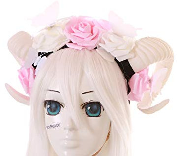 Kawaii-Story C-71-2 Schmetterling Widder Teufel Hörner Rosen weiß rosa Haarreif Vampir Fee Hexe Kopfschmuck Gothic