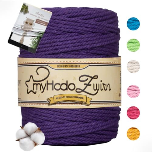 myHodo Premium Makramee Garn 3mm Lila, OEKO-TEX Zertifizierte Baumwolle, 100% Plastikfreie Verpackung, Weich & Strapazierfähig, Inkl. Gratis E-Book, Ideal für Wanddeko und DIY Accessoires (100m)