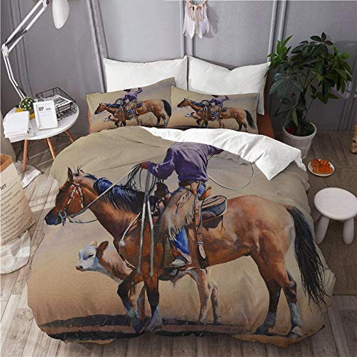 MAYBELOST Bettwäsche-Set,Mikrofaser,Western Cowboy Reiten in Richtung Sonnenuntergang im Wild West Rodeo Western Bucking Bronco Horse,1 Bettbezug 135x200 + 2 Kopfkissenbezug