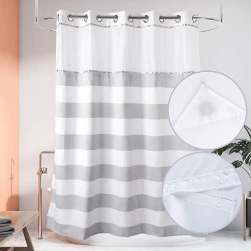 Ecoehoe Duschvorhang mit Polyester-Magnetverschluss, 180 x 188 cm (B x H), gestreift, mit Netzfenster, Hellgrau und Weiß