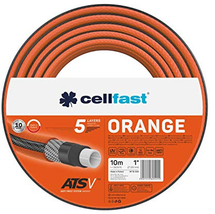 Cellfast ORANGE Gartenschlauch, Strapazierfähig, Leicht, 5-lagig, Durable ATS Trikot, UV und Algenfest, Schwermetallfrei, 24 Bar, -10/+50° Karabinerverschluss 1, 10m