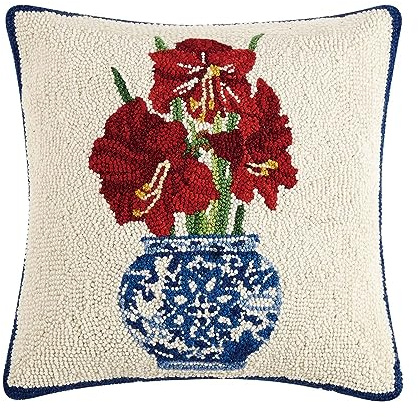Peking Handicraft Red Amaryllis Holiday Chinoiserie 16 Square Hooked Wool Throw Pillow with Polyfill Insert