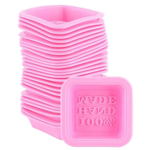Soap Moulds for Soap Making Supplies, 25pcs Homemade Square Craft Art Silicone Soap Mold Stamp Baking Mold for DIY Making Soap Candle and Baking Cake Bread(Pink)