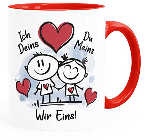 SpecialMe® Kaffee-Tasse Liebe verliebte Strichmännchem Spruch Ich Deins Du Meins Herz Geschenk Valentinstag Jahrestag weiss-innen-rot Keramik-Tasse