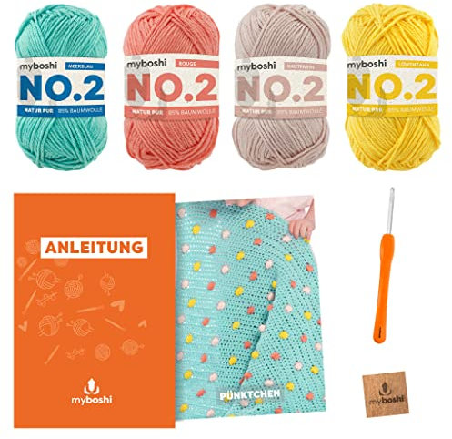 myboshi Häkelset Babydecke Pünktchen für Anfänger, inkl. No.2 Wolle, Nadel und Anleitung, für Babys und Amigurumi, Häkelpaket, 85% Baumwolle, 15% Kapok Blau, mit Häkelnadel