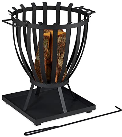 Relaxdays Brasero sur Socle avec tisonnier, Vasque Ronde, en Acier, HxLxP : 59x55,5x49 cm, pour Jardin et terrasse, Noir