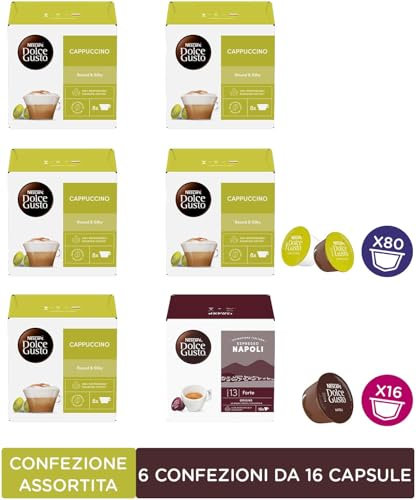 NESCAFÉ DOLCE GUSTO Confezione Assortita Cappuccino e Espresso Napoli Caffè, 6 Confezioni da 16 Capsule (96 Capsule Compatibili Nescafé Dolce Gusto)