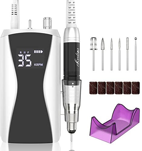 Kredioo Professional Electric Nail Files 35000RPM Portable Nail Drill for Gel Nail Acrylic Nails, Rechargeable E File Kit Manicure and Pedicure Set with Pause Button, 36W, Black