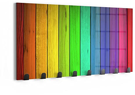 DEQORI Wandgarderobe Glas & Metall | Motiv Farbige Holzlatten | 60x30 cm | Design Haken-Leiste modern | Garderoben-Paneel für Flur, Wohnzimmer & Schlafzimmer | magnetisch & beschreibbar