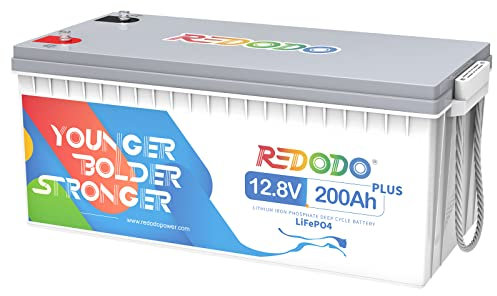 Redodo 12V 200Ah PLUS Batteria al litio LiFePO4, uscita massima 2560W, 200A BMS, perfetta per applicazioni domestiche, RV, Marine, Scooter, ricaricabile da pannello solare