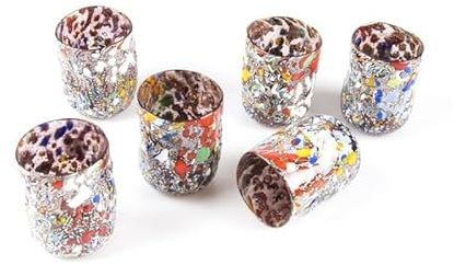 YourMurano - Vidrio de Murano, conjunto de seis vasos con hojas de plata multicolores, vasos hechos a mano, obras de arte en vidrio soplado