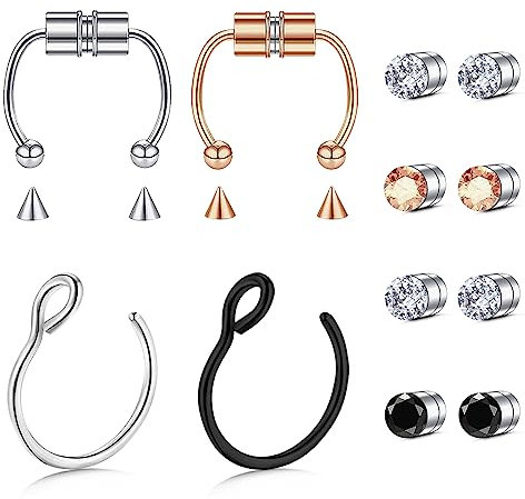 Kucheed 12 Pièces Faux Anneau de Nez, Clous de Nez Magnétiques Faux Anneaux de Septum,Anneaux de Nez Cerceau Faux Nez Piercing Fausses Boucles D'oreilles,Ensemble de Cerceaux de Nez Septum Bijoux