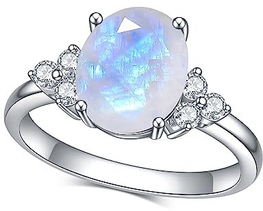 Gem's Beauty Silberringe für Damen, 925er Sterlingsilber, ovaler Mondstein-Ring, Mädchen, Verlobungsringe, Schmuck, Geschenke für Sie (Größe 5–10), Mondstein