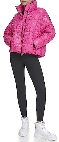 DKNY Damen Performance Repreve Fill Boxy High Low Puffer Daunenalternative Mantel, Peacock Jumbled Logo, M