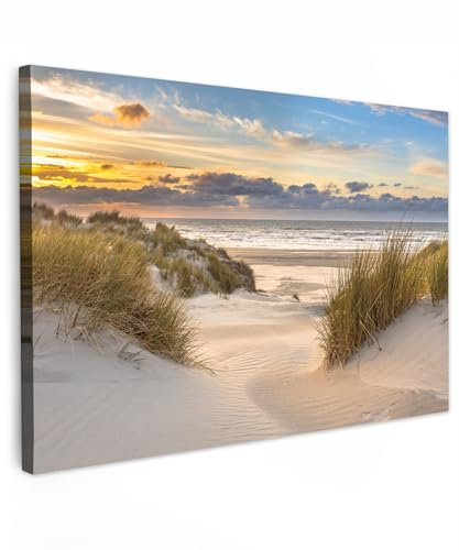 MuchoWow© Wandbilder Groß 120x80 cm XXL Schlafzimmer Home Deko Wohnung Bild Wohnzimmer Fotoleinwand Wand Bilder Leinwand Wall Decor Strand und Meer - Düne - Gras - Sonnenuntergang - Sonne