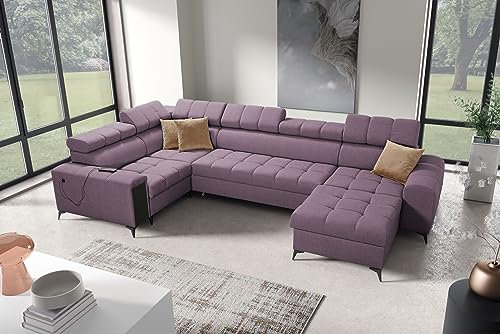 All4All Ecksofa mit Schlaffunktion Gonti IV Mini 337x201 cm - Schlafsofa mit Bettkasten - Sofa in U-Form - Wohnlandschaft XXL Sofa - Eckcouch Groß - Seite Rechts - Lila - Gewebe - Modern 26