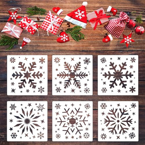 Qpout 6 Stück Schneeflocken Schablonen Große, Weihnachten Schneeflocken Schablonen Vorlage zum Malen, 7.8x7.8 Zoll Winter Schneeflocke Malerei Schablone