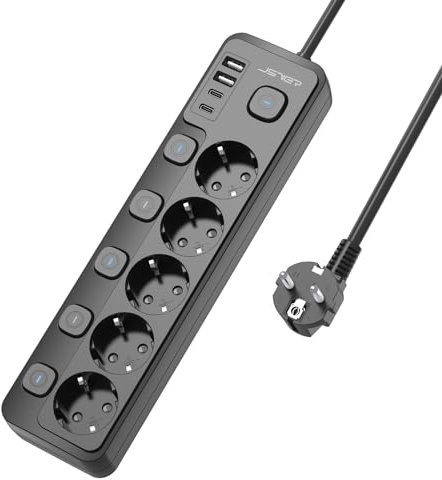 Steckdosenleiste Einzeln Schaltbar,JSVER Mehrfachsteckdose 5 Fach mit 2 USB A,2 USB C,9 in 1 Schreibtisch(3680W 16A) Steckdosen mit Kindersicherung, 2m Kabel-Schwarz