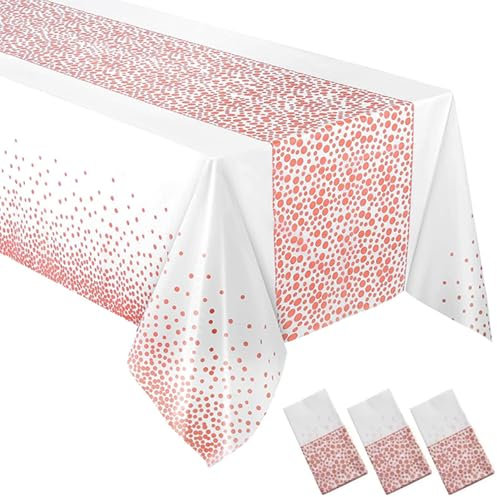 PHOGARY 3 Pack Rose Gold Party Dot Tablecloth Plastic Disposable Table Cover 137 x 274cm Rectangular Waterproof White Table Covers for Rose Gold Party Weddings Birthday Baby Shower Decorations