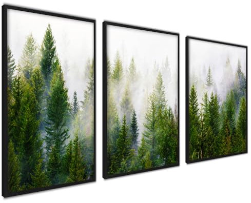 ag.art deco Wald im Nebel Bild Kunstdruck | 3 Stück 50x70cm mit RAHMEN schwarz | Wohnzimmer Schlafzimmer Küche Esszimmer und Badezimmer Poster Set