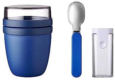 Mepal - Klapplöffel Set mit Lunchpot Mini Ellipse - Praktischer Joghurtbecher & Müslibecher - Unterteilung für Joghurt & Müsli - Geeignet für Gefrierschrank, Mikrowelle & Spülmaschine - Vivid Blue