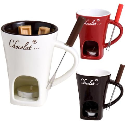 1/3 tazze per fonduta di cioccolato, 130 ml, in ceramica, con forchetta per fonduta, candele, casseruola per fonduta, vaso per fonduta, pentola per fonduta per pic-nic