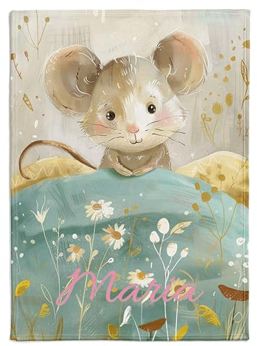 Pictogogo Personalisierte Babydecke mit Namen und Datum - Kuschelige Meilensteindecke aus Minky-Fleece, Ideal als Geburtsgeschenk (Maus)