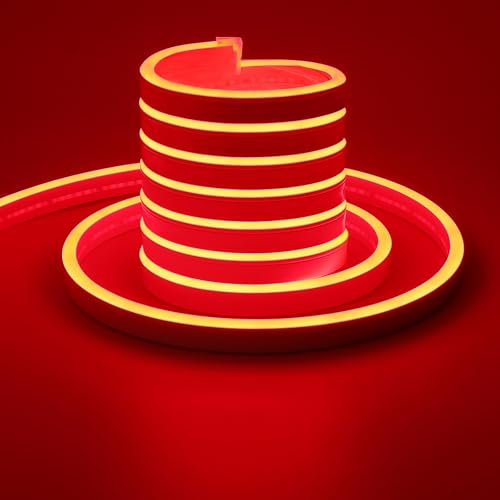 TOPAI 24V Neon Rot LED Streifen 5M Wasserdicht IP65, Rot LED Strip Aussenbereich, DIY Flexibel LED Band Schneidbar für Küche Wohnzimmer Deko (Das Produkt enthält kein Netzteil)
