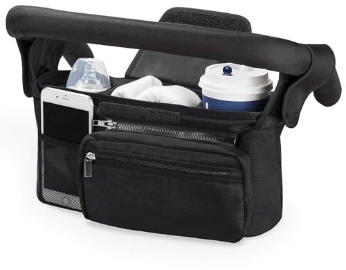 Baby Pram Bag Stroller,Baby Stroller Organizer,Universal Pram Bag Organiser,Pushchair Organiser,Detachable P-hone Bag & Shoulder Strap,Buggy Organiser Bag with Cup Holder & Non-Slip Secure Hoo (Balck)