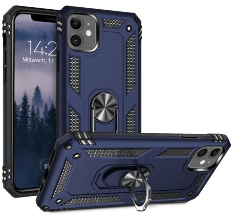 LBH Outdoor Hülle für Apple iPhone 11 Armor Militär Stoßfest Handyhülle 360 Grad Metal Ring Halter Ständer Schutzhülle für Handyhalterung Auto Magnet Blau