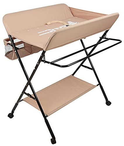 Willonin Baby Wickelkombi,klappbare Wickelkommode, mobiler Wickeltisch mit Wickelauflage, Giraffen-Muster, Geräuschlos schwenkbare Räder (Aprikose)