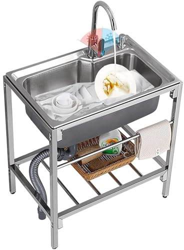 HanDpi Évier Commercial de Restauration en Acier Inoxydable, évier de Cuisine Multifonctionnel, avec Robinet et Support Chaud et Froid, pour buanderie extérieure, Bar, Restaurant