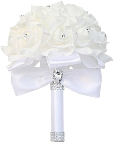 Brautstrauß mit Strass, Hochzeit Blumenstrauß Braut Brautjungfer Brautjungfern Bouquet ø18CM Blumensträusse Hochzeit Künstlich Silk Blume für Hochzeit, Fotoshooting (1-weiß,ø18x24CM)