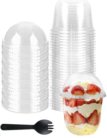 Hniuyun 50 Pcs 12 oz Desserts Cups with Dome Lids and Spoons, Clear Dessert Pots, Appetizer Serving Bowl for Dessert Pudding Yogurt Fruit Party