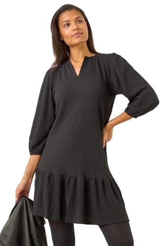 Roman Originals Smock Dress for Women UK Ladies Cotton Summer Embroidered Frilled Tiered Casual Beach Cruise Holiday Cocktail Party 3/4 Sleeve Pull On Gathered Skirt - Noir - Size 18