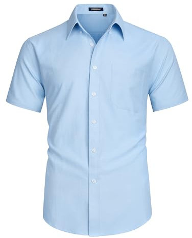 HISDERN Men's Shirt Short Sleeve Oxford Light Blue Formal Shirt for Men Summer Solid Regular Fit Button Down with Pocket, 2XL