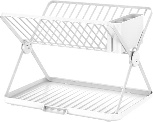 Amig - Escurreplatos Plegable Kaplya - 41,5 x 33,2 x 33,8 cm - Acero y Plástico - Color Blanco - Escurreplatos Compacto con Bandeja para Goteo y Soporte para Cubiertos - Ideal para Cocinas Pequeñas