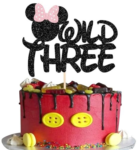 Xsstarmi 1 Pack 3rd Birthday Mouse Inspired Glitter Pink Bow Mini Cake Topper - Third Birthday Cake Pick - Baby Shower Party Supplies