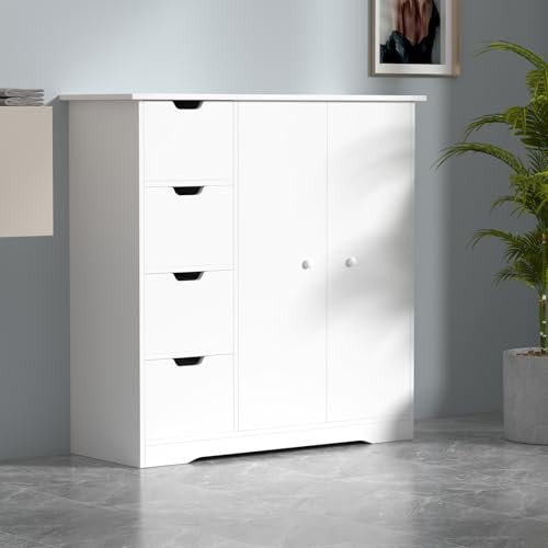 WUDLEP Badezimmerschrank, Unterschränke Badezimmerschrank mit 4 Schubladen und 2 Türen, für Badezimmer, Wohnzimmer, Esszimmer, Küche, modern, weiß
