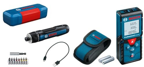 Bosch Professional Akkuschrauber Bosch GO 3 (inkl. 8-teiligem Bit-Set, Bitaufnahme, USB-C-Kabel, Mini-Koffer) + Laser Entfernungsmesser GLM 40 (Flächen-/Volumenberechnung, max. Messbereich: 40 m)