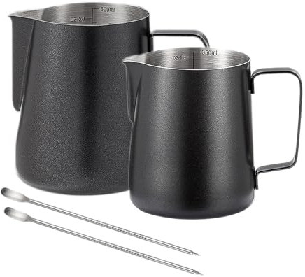 Hniuyun 350ml & 600ml Milk Frother Jug, Stainless Steel Milk Jug with Scale and Latte Art Pen, Espresso Cappuccino Machine Accessories for Barista Coffee Bar (Black)