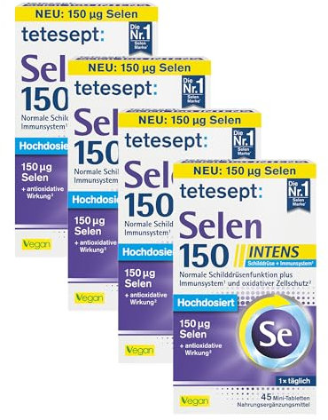 tetesept Selen 150 Intens - 4 × 45 Mini-Tabletten - Nahrungsergänzungsmittel für eine normale Funktion der Schilddrüse + Immunsystem und oxidativer Zellschutz - Vegan