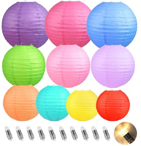 Encham Bunte Papierlaterne Deko Set 10 Stück mit Ballonlichter Runde Lampions in Verschiedenen Größen Mehrfarbig für Partys und Fest Hochzeit Party Deko