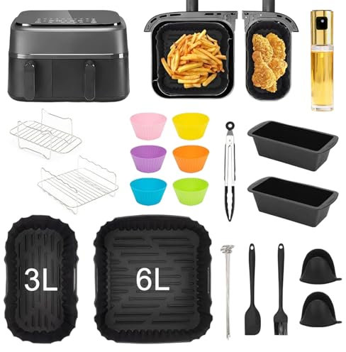 Airfryer Zubehör für Philips Dual Basket Airfryer 3000 Serie NA350, Heißluftfritteuse Zubehör inklusive Glas Ölspray, Silikonformen, Grillrost, Backpapier, Brotbackformen, Küchenzange, usw