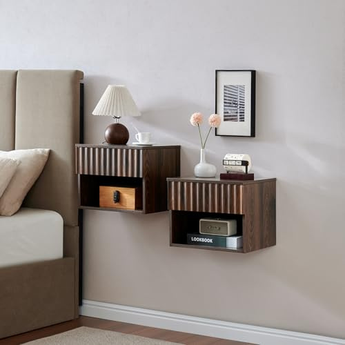 BuildHom Floating Nightstand with Fluted Drawer - Modern Wall Mounted Bedside Table with Open Storage Shelf, Small Night Stand TV Stand for Bedroom(Walnut, Set of 2)