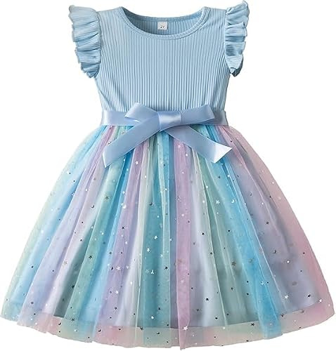 Mädchen Tüllstickerei Regenbogen Kleid mit Gürtel für Kinder 1-8 Jahre | Doppel-Tüll, Blumenstickerei, Regenbogenfarben, verstellbarer abnehmbarer Gürtel, mehrere Altersklassen, alltagstauglich
