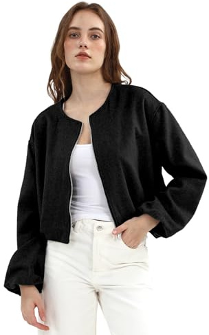 Amazhiyu Damen-Wolljacke mit Reißverschluss, kurzer Wintermantel, langärmelig, elegante Outfits, Strickjacke mit Reißverschluss, Schwarz , M