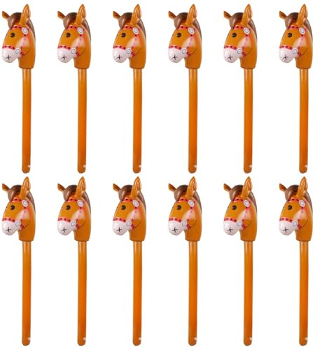 12PCS Inflatable Stick Horse,Blow Up Horse Head on Stick Pony Costume Western Cowboy Cowgirl Baby Shower Birthday Party Decorations Halloween Supplies Favors Props, 38 Inches (Brown)