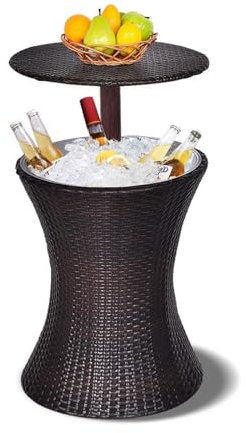 THYXGS Höhenverstellbarer Rattan-Kühltisch Für Die Terrasse, Gartenmöbel, 13-Liter-Kühlschrank Mit Integriertem Ablauf, Bietet Platz Für 15 Flaschen À 500 Ml Getränke